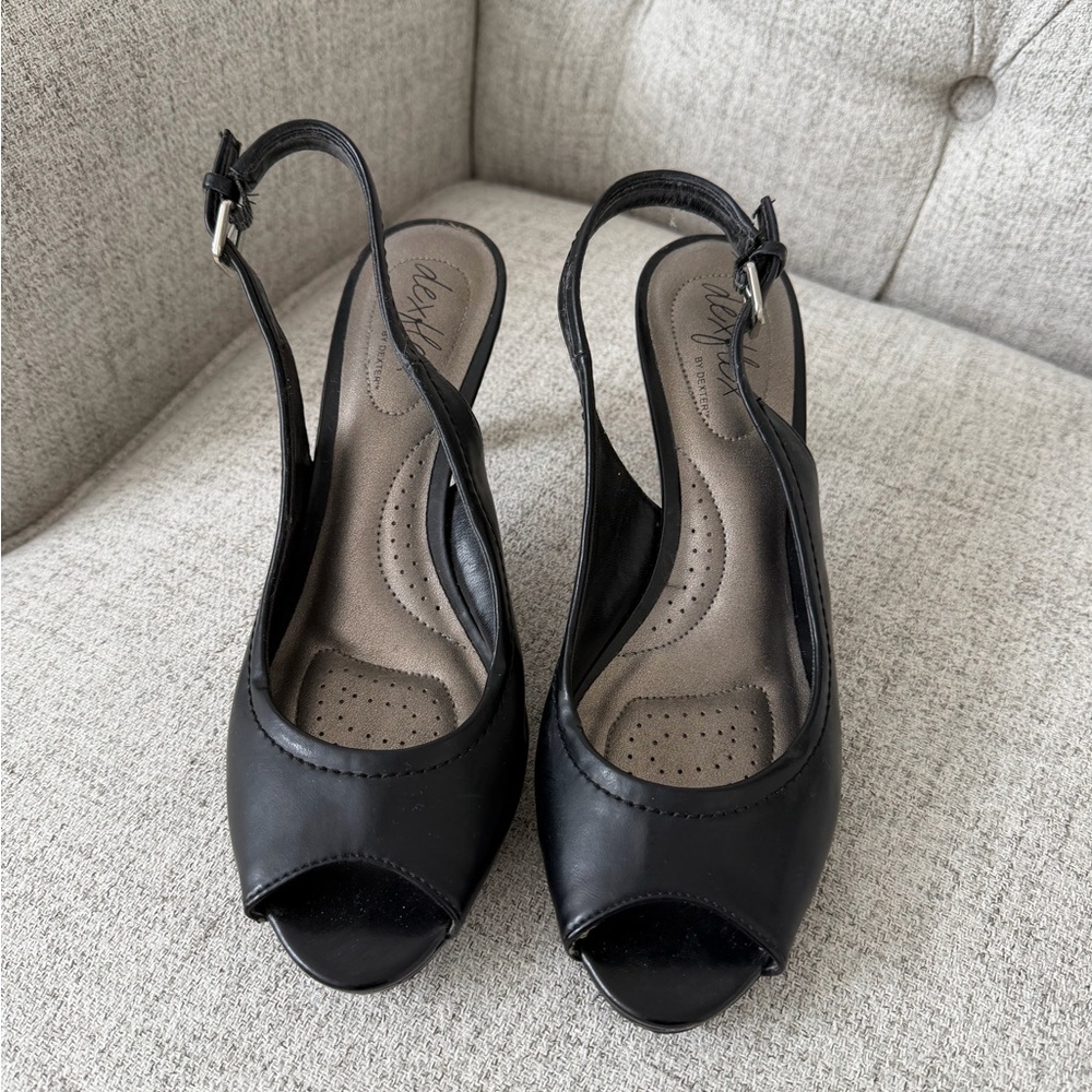Dexter Black Peep-Toe Slingback Heels